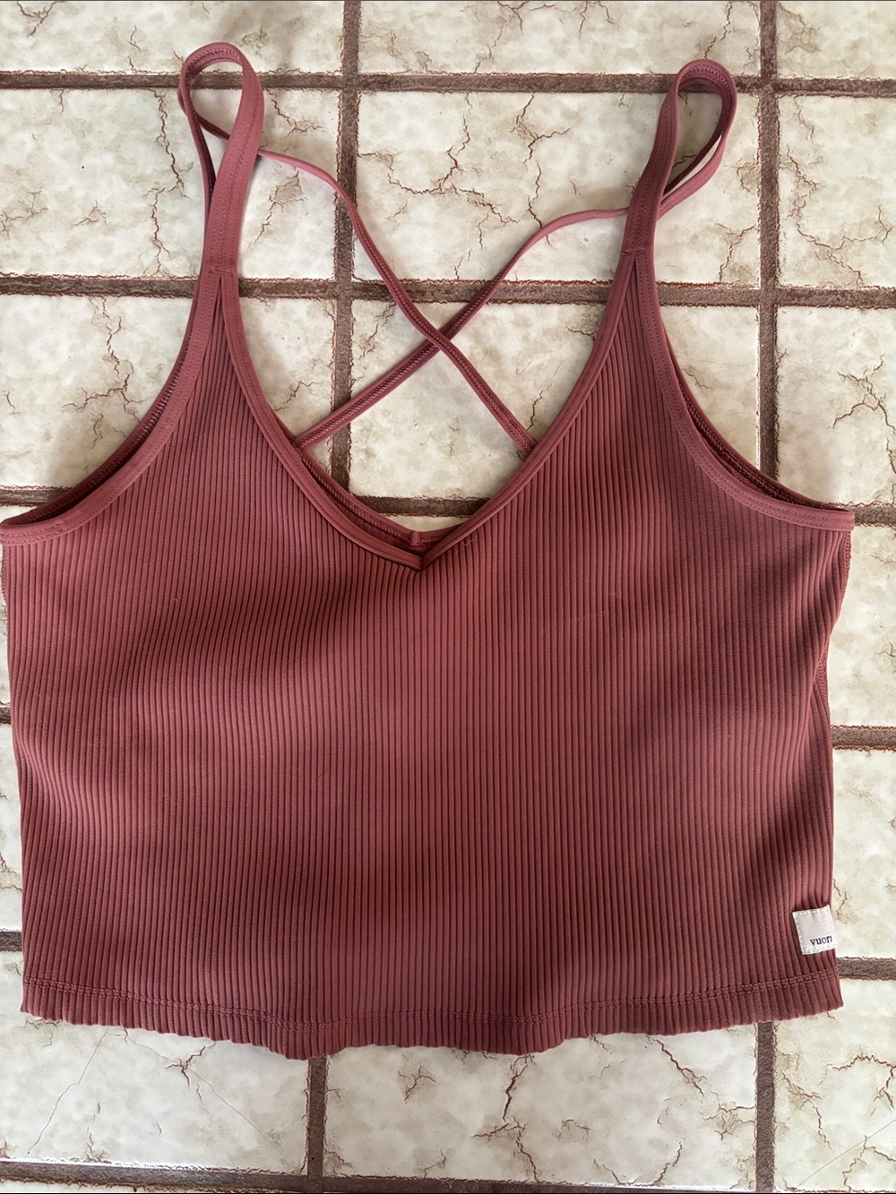 Vuori Ribbed Mauve Pink Crop Tank with Cross-Back Straps